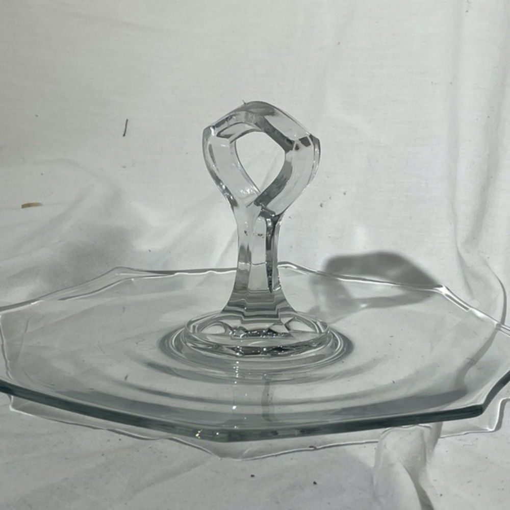 Vintage Octagon Large Glass Tidbit Tray Dainty Serving Dish Center Handle Clear